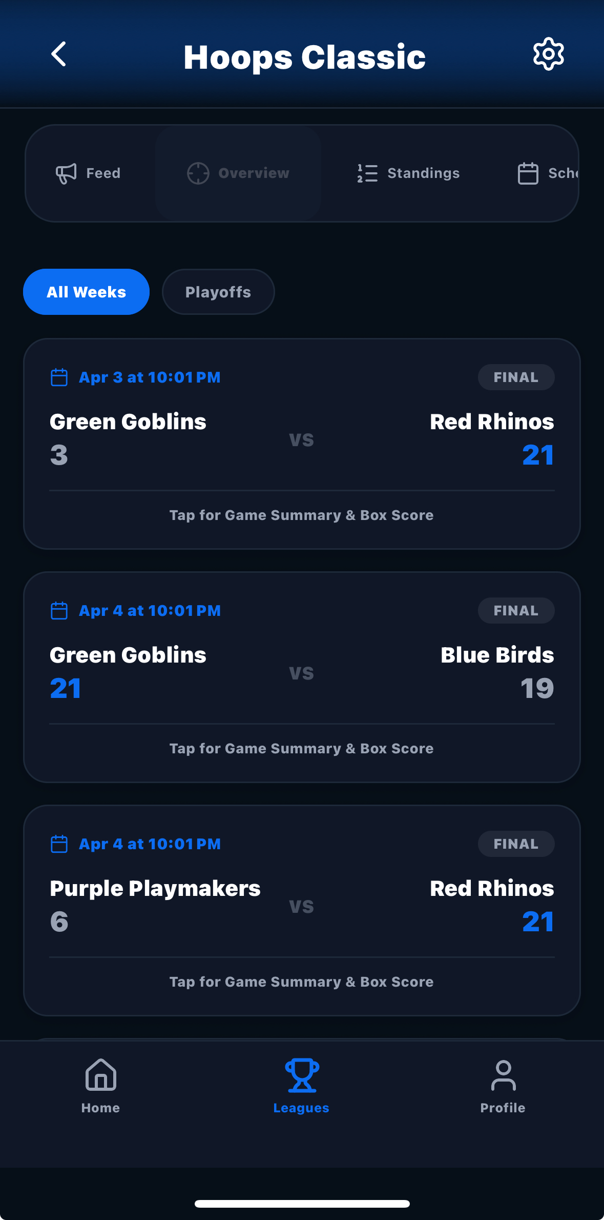 League overview screenshot