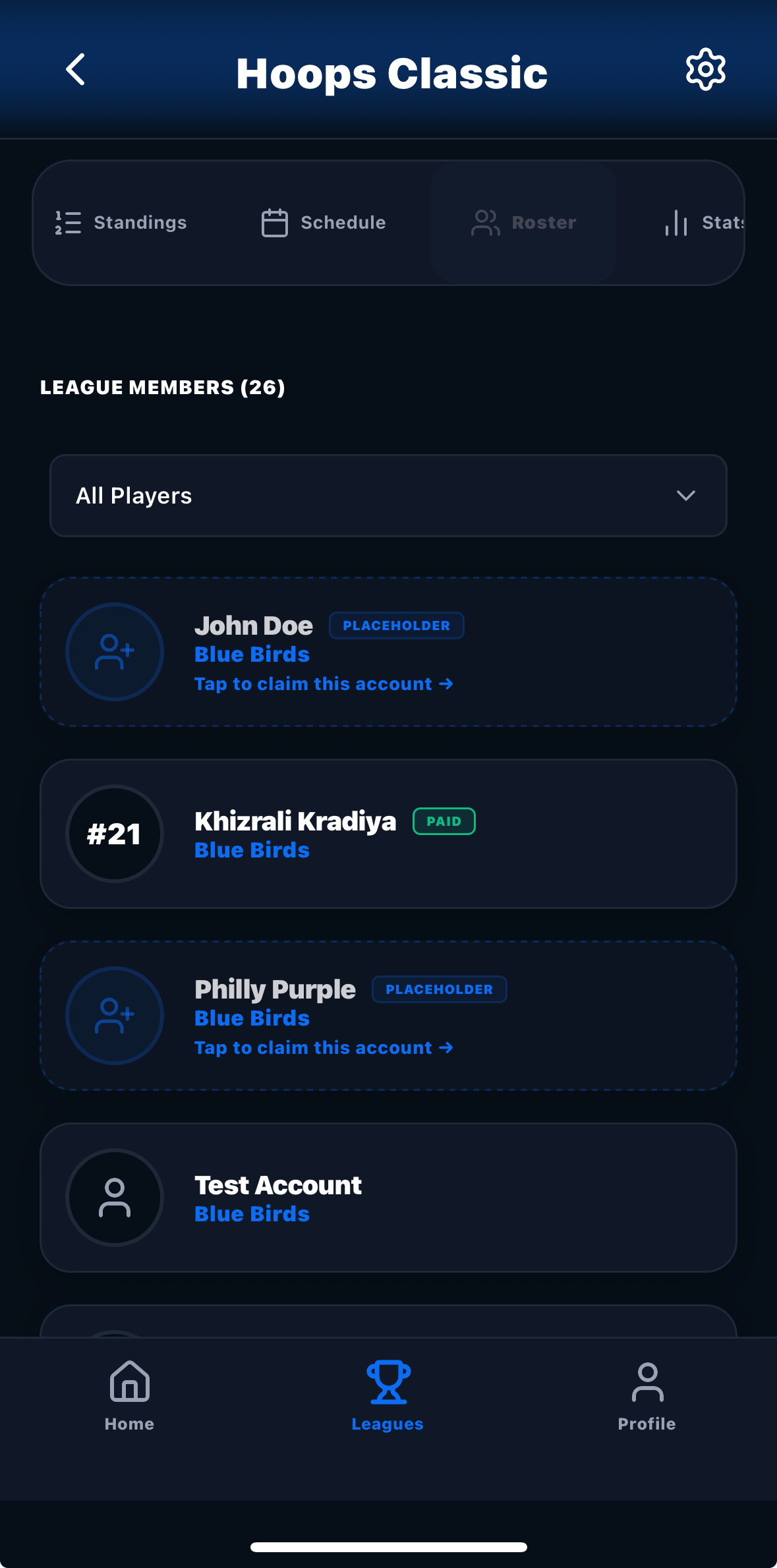 Roster management screenshot