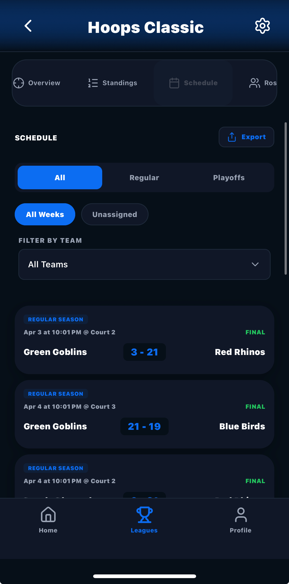 Game scheduling screenshot