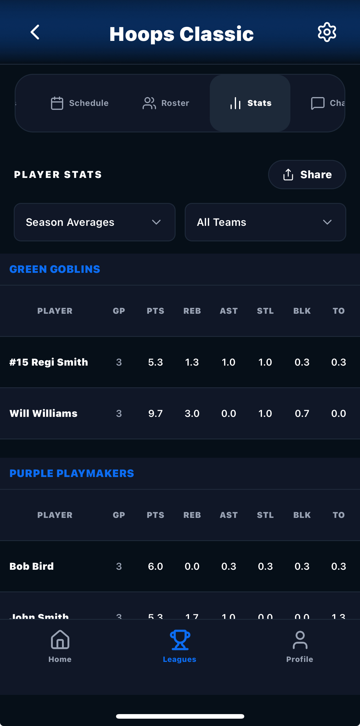 Live stat tracking screenshot